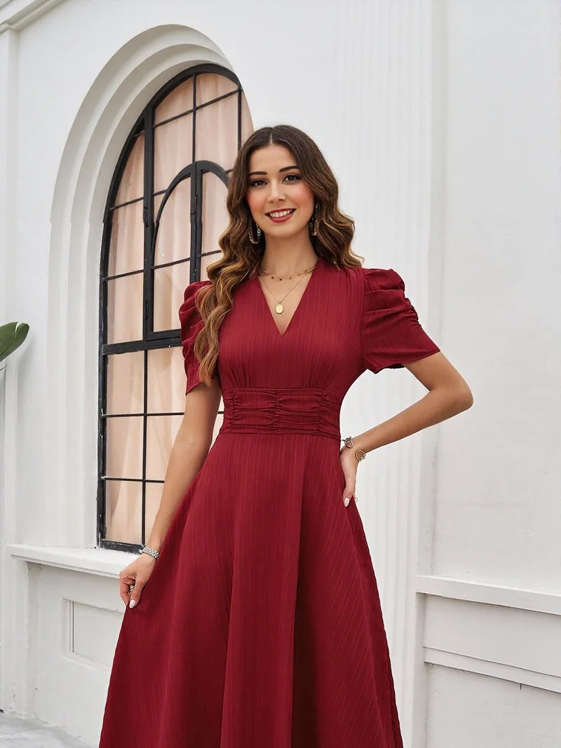 Outzidr  Red Fit And Flare Midi Dress for Women | Best Price UAE